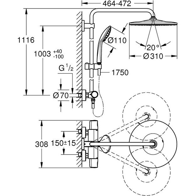 Termostatinė dušo sistema Grohe Euphoria System 310, 26075001, chromo