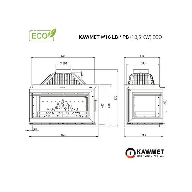 Ketaus įdėklas židiniui KAWMET W16 LB 13,5 kW ECO