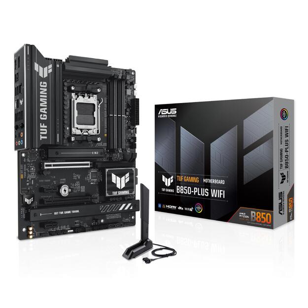 Mainboard|ASUS|AMD B850|SAM5|ATX|Memory DDR5|Memory slots 4|2xPCI-Express 4.0 1x|1xPCI-Express 4.0 16x|1xPCI-Express 5.0 16x|3xM.2|1xHDMI|1xDisplayPort|2xUSB 2.0|4xUSB 3.1|3xUSB 3.2|1xUSB-C|1xRJ45|5xAudio port|TUFGAMINGB850-PLUSWIFI