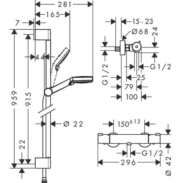 Dušo sistema su termostatiniu maišytuvu Hansgrohe Crometta Ecostat 1001 CL Combi 0,90m, 27813400