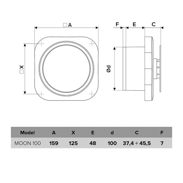 Vonios kambario ventiliatorius Vlano MOON 100 TH (su laikmačiu ir drėgmės jutikliu) 100 mm