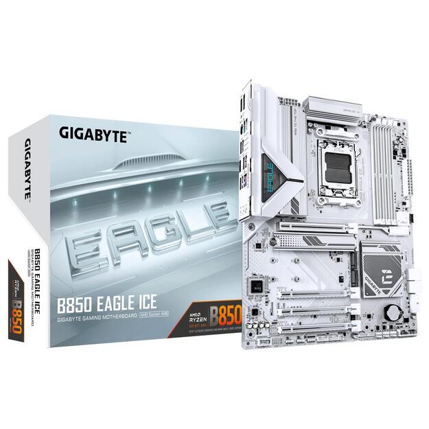 Mainboard|GIGABYTE|AMD B850|SAM5|ATX|Memory DDR5|Memory slots 4|2xPCI-Express 3.0 1x|1xPCI-Express 4.0 4x	|1xPCI-Express 5.0 16x|3xM.2|1xHDMI|1xDisplayPort|4xUSB 2.0|2xUSB 3.2|1xUSB-C|1xRJ45|3xAudio port|B850EAGLEICE