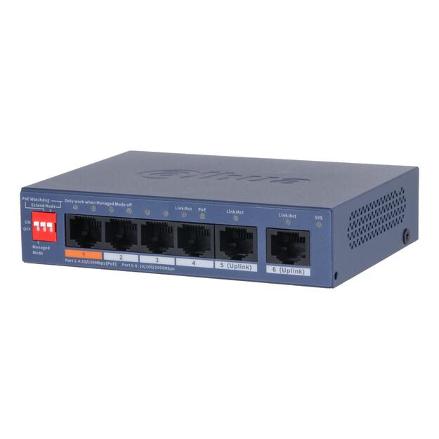 Switch|DAHUA|DH-CS4006-4ET2GT-60|Switch layer L2|2xRJ-45 ports|RJ-45 Ports Type Fast Ethernet (10/100)|4xGigabit Ethernet (copper) ports quantity|Power over Ethernet (PoE) Yes|4xPower over Ethernet (PoE) ports quantity|Total Power over Ethernet (PoE) budg