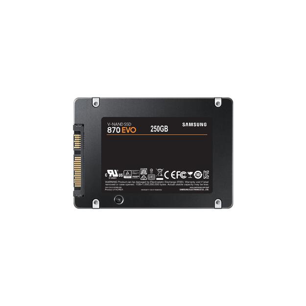 SSD|SAMSUNG|870 EVO|250GB|SATA|MLC|Write speed 530 MBytes/sec|Read speed 560 MBytes/sec|2,5 |TBW 150 TB|MTBF 1500000 hours|MZ-77E250B/EU