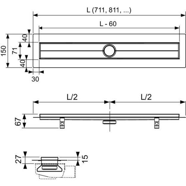 Dušo latakas su sandarinimo tarpine Tece 600800, 800mm (tiesus) 1