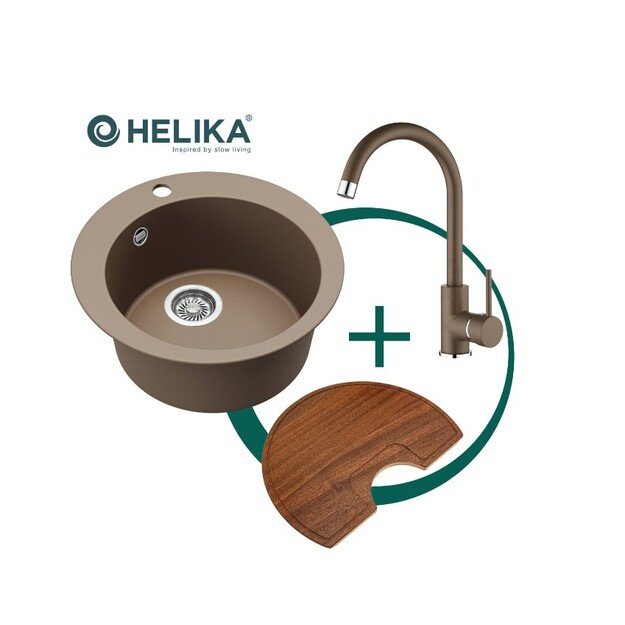 Komplektas: virtuvės plautuvė, maišytuvas ir lentelė HELIKA SR100-114W+5523E2-001+SR-416.300 (sapele