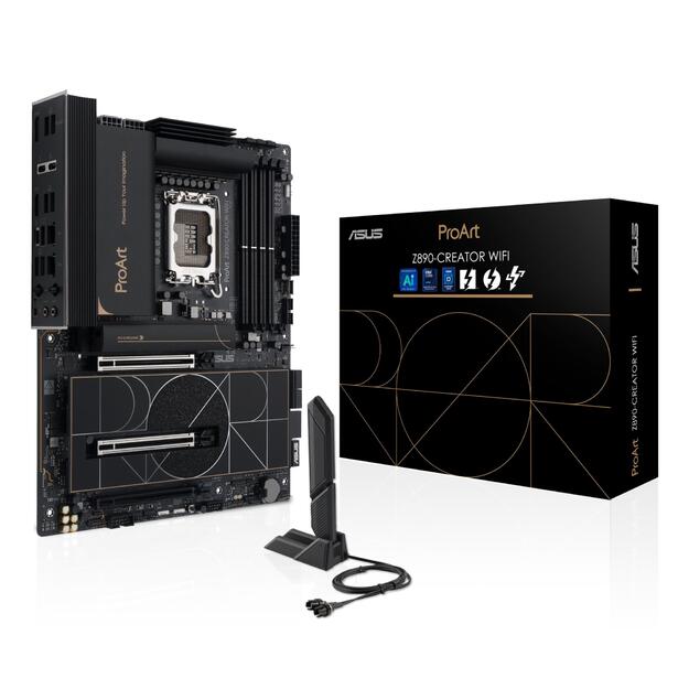 Mainboard|ASUS|Intel Z890|LGA1851|ATX|Memory DDR5|Memory slots 4|1xPCI-Express 4.0 16x|2xPCI-Express 5.0 16x|5xM.2|1xHDMI|1xDisplayPort|1xAudio-In|1xAudio-Out|1xUSB 2.0|6xUSB 3.2|3xUSB-C w/Thunderbolt|1xRJ45|PROARTZ890-CREATORWIFI