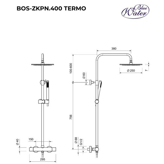 Virštinkinė termostatinė dušo sistema Blue Water Boston juodos matinės spalvos BOS-ZKPN.400 2
