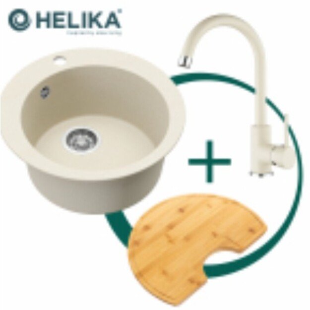 Komplektas: virtuvės plautuvė, maišytuvas ir lentelė HELIKA SR100-113W+5523E2-001+SR-416.300 (bambo)