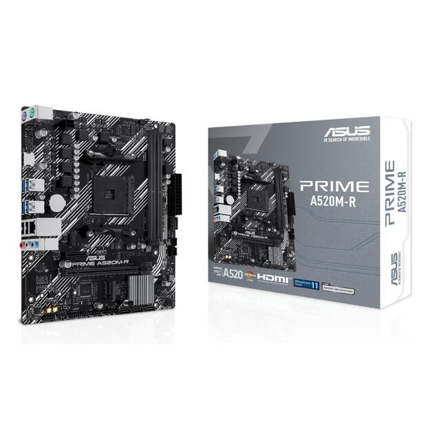 Mainboard|ASUS|AMD A520|SAM4|Micro-ATX|Memory DDR4|Memory slots 2|1xPCI-Express 3.0 1x|1xPCI-Express 3.0 16x|1xM.2|1xHDMI|2xUSB 2.0|4xUSB 3.1|2xPS/2|1xRJ45|3xAudio port|PRIMEA520M-R