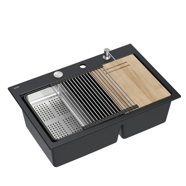 Plautuvė su dozatoriumi ir pjaustymo lenta Quadron MARC 120 HQC7650U7_BS, juoda/plieno