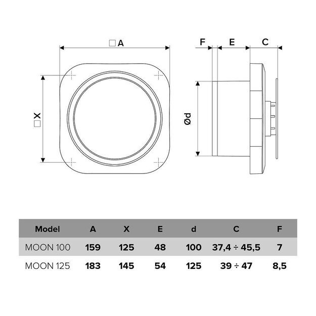 Vonios kambario ventiliatorius Vlano MOON 100 T (su laikmačiu) 100 mm