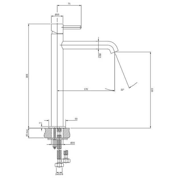Aukštas šlifuoto aukso spalvos praustuvo maišytuvas OMNIRES Y 3