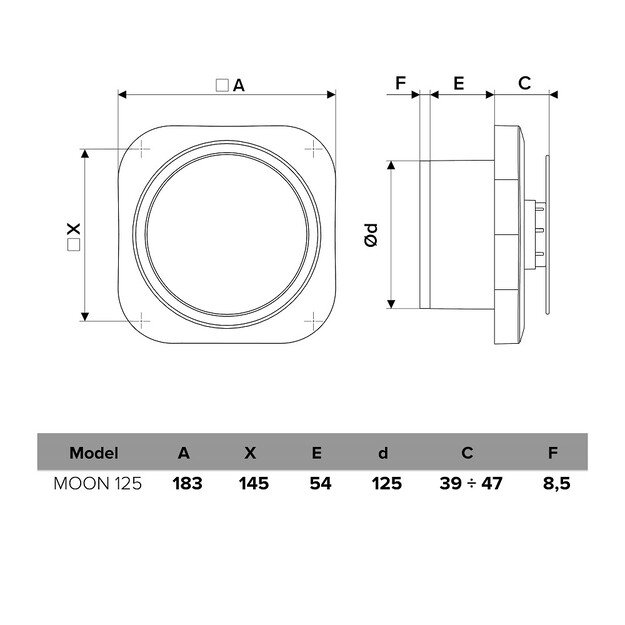 Vonios kambario ventiliatorius Vlano MOON 125 TH (su laikmačiu ir drėgmės jutikliu) 125 mm