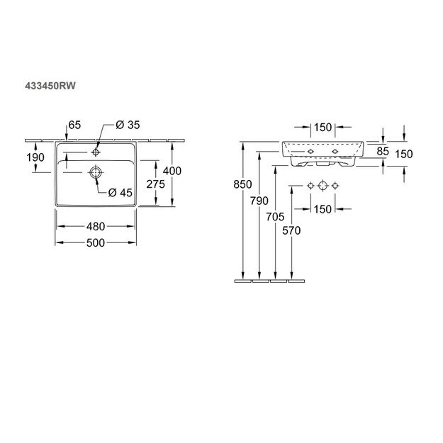 Praustuvas Villeroy ampBoch Collaro 433450RW (Stone White CeramicPlus) 50 cm 3