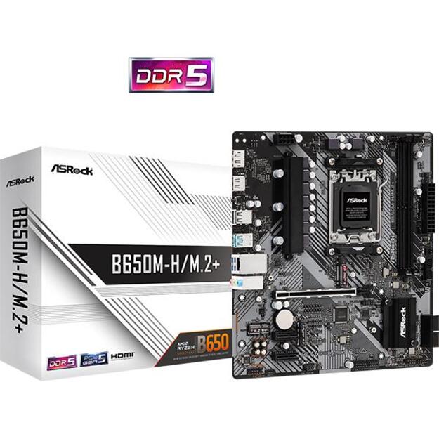 Mainboard|ASROCK|AMD B650|SAM5|Micro-ATX|Memory DDR5|Memory slots 2|1xPCI-E|2xPCI-Express 4.0 1x|1xPCI-Express 4.0 16x|1xM.2|1xHDMI|1xDisplayPort|1xAudio-In|1xAudio-Out|1xMicrophone|2xUSB 2.0|3xUSB 3.2|1xUSB-C|1xRJ45|B650M-H/M.2+