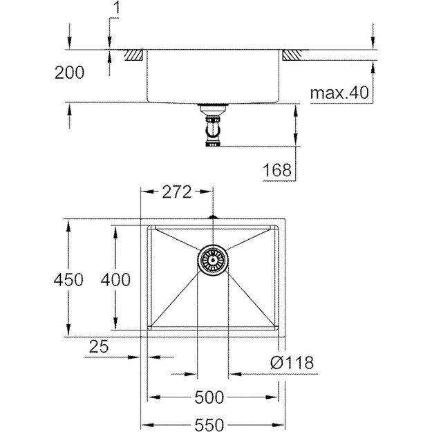 Įmontuojama nerūdijančio plieno plautuvė Grohe K700U, 31574SD1