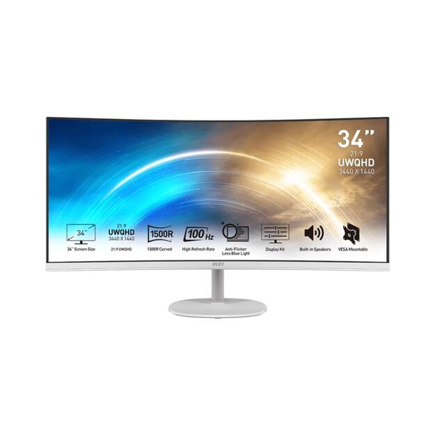 LCD Monitor|MSI|PRO MP341CQW|34 |Business/Curved/21 : 9|Panel VA|3440x1440|21:9|100Hz|Matte|4 ms|Speakers|Tilt|Colour White|PROMP341CQW