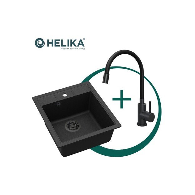 Komplektas: Virtuvės plautuvė HELIKA SQN100-601AQP+5543 MB, lankstus maišytuvas ir juodas sifonas