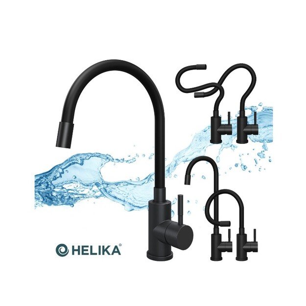 Komplektas: Virtuvės plautuvė HELIKA SQN100-601AQP+5543 MB, lankstus maišytuvas ir juodas sifonas 3