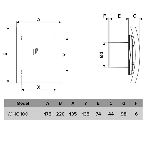 Vonios kambario ventiliatorius Vlano WING 100 T (su laikmačiu) 100 mm