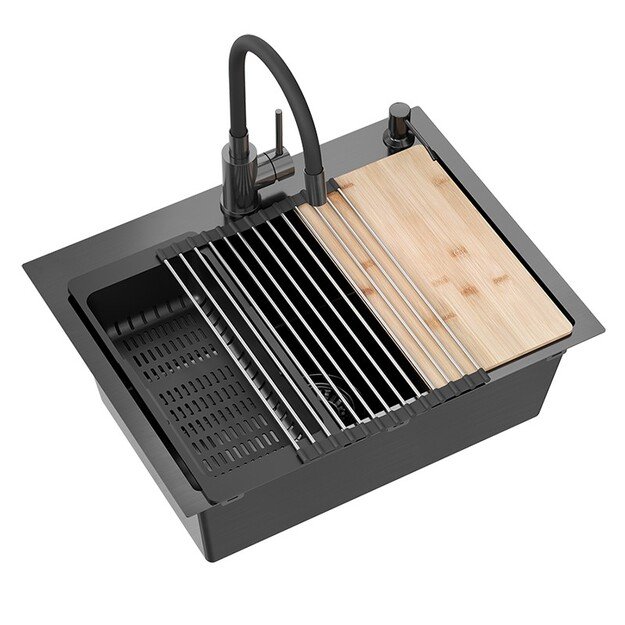 Virtuvės plautuvė su sifonu, 1 dubuo b/o + Qmat + įdėklas + dozatorius + medinė lenta + maišytuvas s