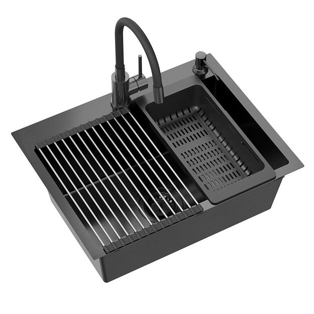 Virtuvės plautuvė su sifonu, 1 dubuo b/o + Qmat + įdėklas + dozatorius + medinė lenta + maišytuvas s 5