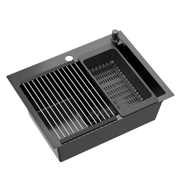 Virtuvės plautuvė su sifonu, 1 dubuo b/o + Qmat + įdėklas + dozatorius + medinė lenta + maišytuvas s 6