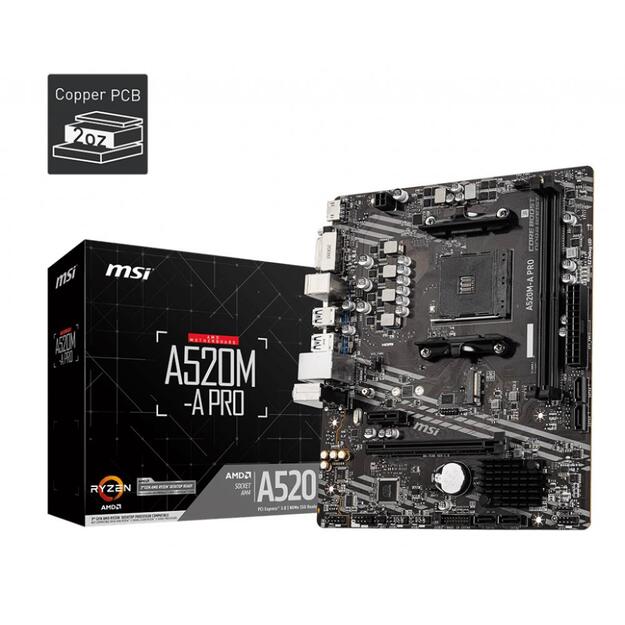 Mainboard|MSI|AMD A520|SAM4|MicroATX|1xPCI-Express 3.0 1x|1xPCI-Express 3.0 16x|1xM.2|Memory DDR4|Memory slots 2|1xDVI|1xHDMI|2xAudio-Out|2xUSB 2.0|4xUSB 3.2|1xRJ45|A520M-APRO