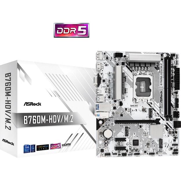 Mainboard|ASROCK|Intel B760 Express|LGA1700|Micro-ATX|Memory DDR5|Memory slots 2|2xPCI-Express 3.0 1x|1xPCI-Express 4.0 16x|1xM.2|1x15pin D-sub|1xHDMI|1xDisplayPort|1xAV-In|1xAV-out|1xMicrophone|2xUSB 2.0|3xUSB 3.2|1xUSB-C|1xRJ45|B760M-HDV/M.2