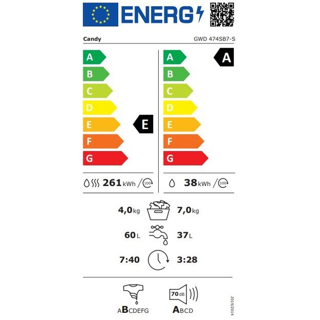 Skalbimo mašina su džiovinimo funkcija Candy ProWash ampDry 300, GWD 474SB7-S, 7 kg/ 4 kg 1