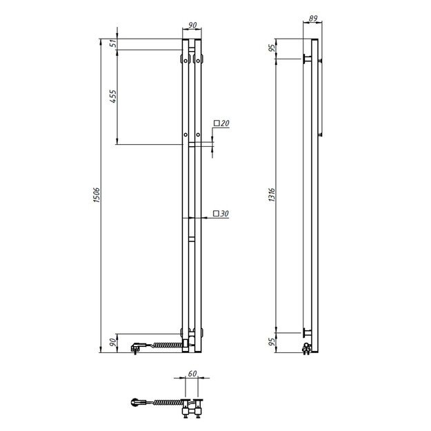 El.rank&scaron;luosčių džiovintuvas Siluet Quadro 90*1500 Sensor de&scaron;inė juodas 12-234053-0915 2