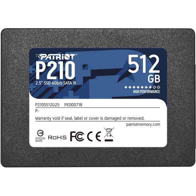 SSD|PATRIOT|P210|512GB|SATA 3.0|Write speed 430 MBytes/sec|Read speed 520 MBytes/sec|2,5 |TBW 240 TB|P210S512G25