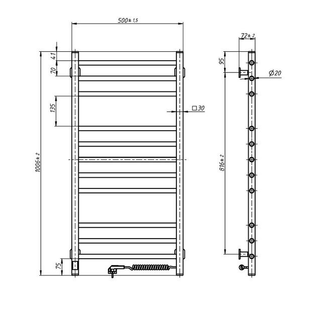 Rankšluosčių džiovintuvas Navin Classic Quadro 500x1000 Sensor juodas dešinė 12-216053-5010