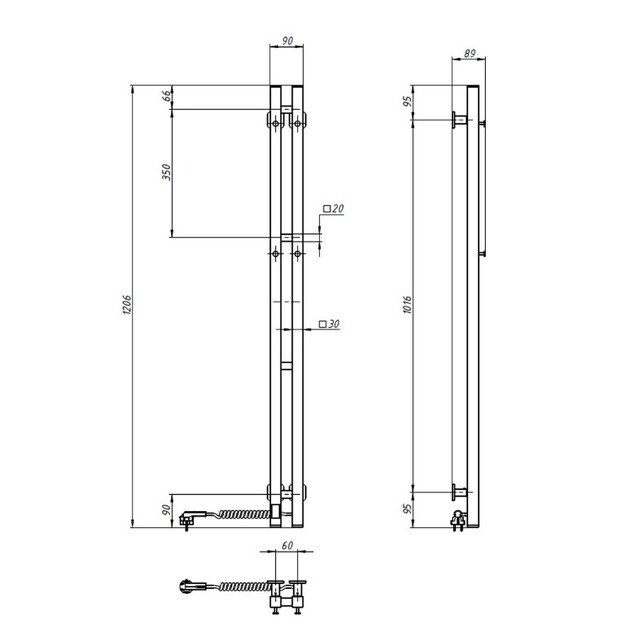 El.rankšluosčių džiovintuvas Siluet Quadro 90*1200 Sensor dešinė juodas 12-234053-0912