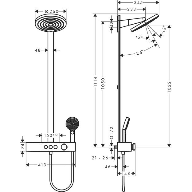 Dušo sistema Hansgrohe Pulsify 260 2 Jet 24240670, juoda matinė