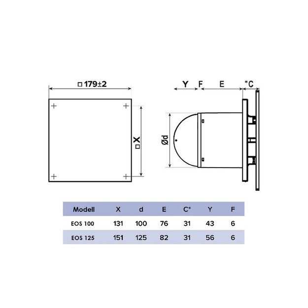 Ventiliatorius Vlano EOS 125 H BK, su juodu stiklu ir drėgmės jutikliu, 125 mm 1
