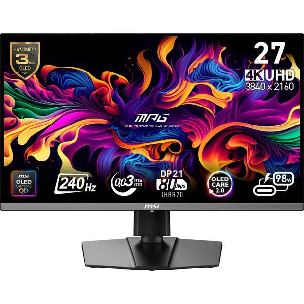 Monitor|MSI|MPG 272URX QD-OLED|27 |Gaming/4K|Matte|Panel QD-OLED|3840x2160|16:9|240 ??|0.03 ms|Swivel|Pivot|Height adjustable|Tilt|Colour Black|MPG272URXQD-OLED
