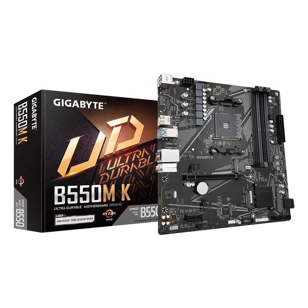 Mainboard|GIGABYTE|AMD B550|SAM4|Micro-ATX|Memory DDR4|Memory slots 4|1xPCI-Express 3.0 1x|1xPCI-Express 4.0 16x|2xM.2|1xHDMI|1xDisplayPort|2xAudio-In|1xAudio-Out|4xUSB 2.0|4xUSB 3.2|1xPS/2|1xRJ45|B550MK
