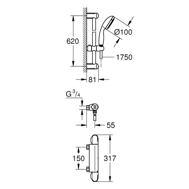 Dušo sistema su termostatiniu maišytuvu Grohe Grohtherm 1000, 34819004, chromo