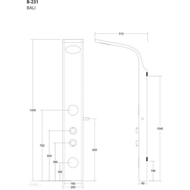 Masažinė dušo panelė Corsan Bali B231M (standartinis maišytuvas) chromas