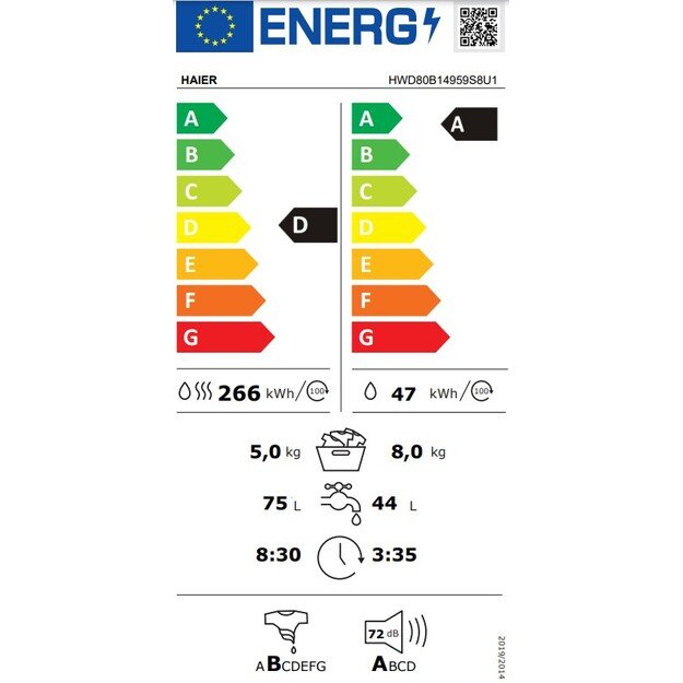 Skalbimo mašina Haier HW80-B14959S8U1S, 8 kg