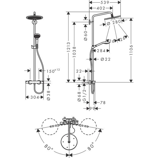 Termostatinė dušo sistema Hansgrohe Croma Select 280 Air 1jet, 26790000 1