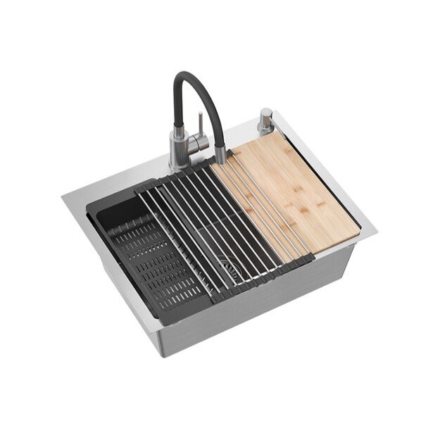 Virtuvės plautuvė su sifonu, 1 dubuo b/o + Qmat + įdėklas + dozatorius + medinė lenta + maišytuvas s