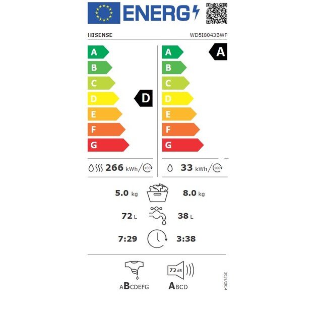 Skalbimo mašina su džiovinimo funkcija Hisense WD5I8043BWF, 8 kg / 5 kg 5